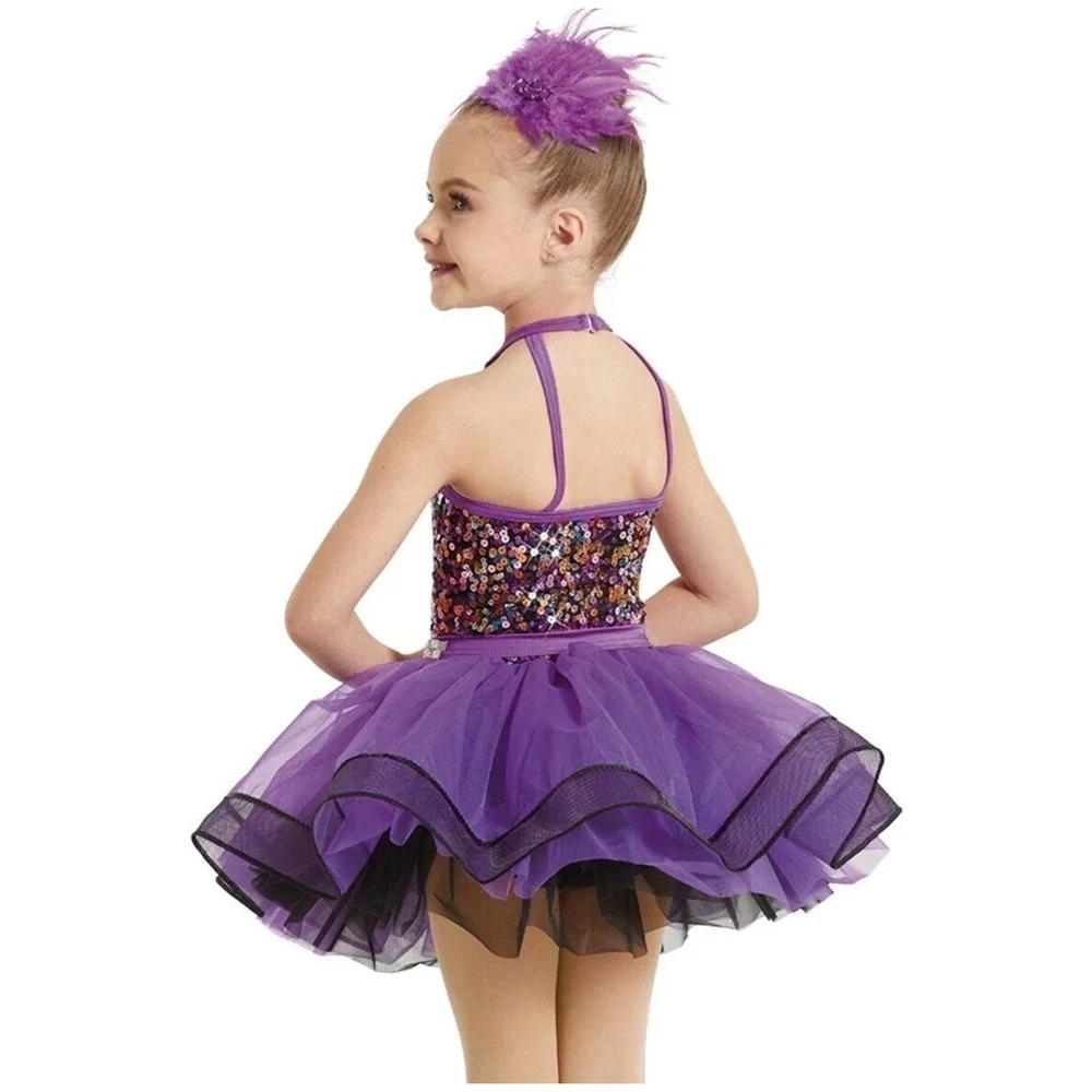 Weissman Dance Costume Tutu Dress Kids MC‎ 10 Purple Sequin Halter Tulle Sparkle